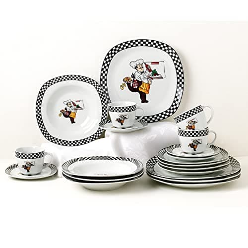 Square Porcelain Dinnerware Set for 4 - Chef Design, Black