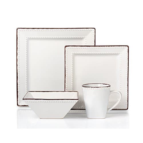 Lorren Home Trends 16-Piece Square Beaded Stoneware Dinnerware Set, White