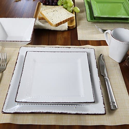 Lorren Home Trends 16-Piece Square Beaded Stoneware Dinnerware Set, White