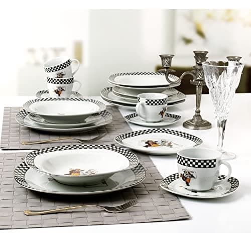 Square Porcelain Dinnerware Set for 4 - Chef Design, Black