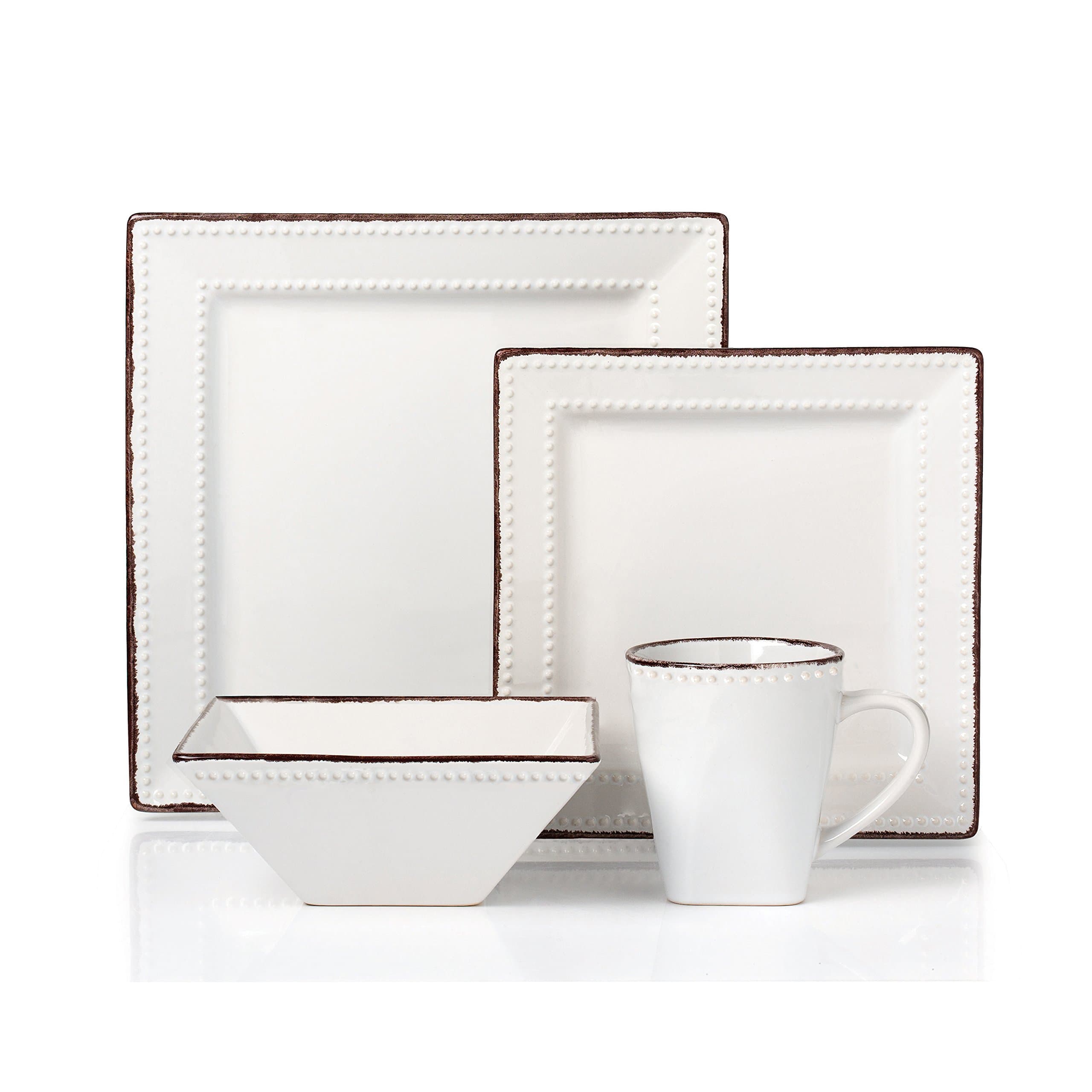 Lorren Home Trends 16-Piece Square Beaded Stoneware Dinnerware Set, White