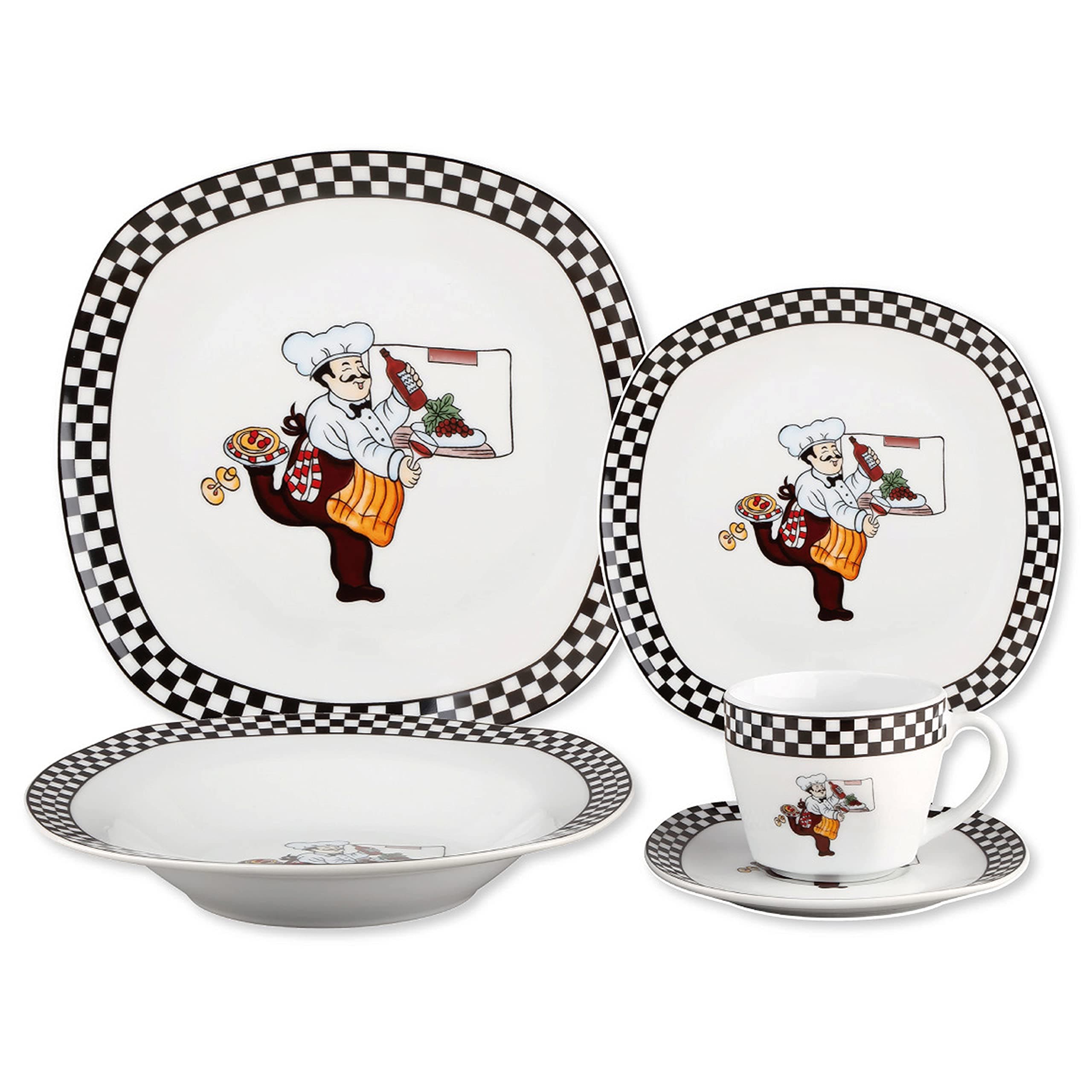 Square Porcelain Dinnerware Set for 4 - Chef Design, Black